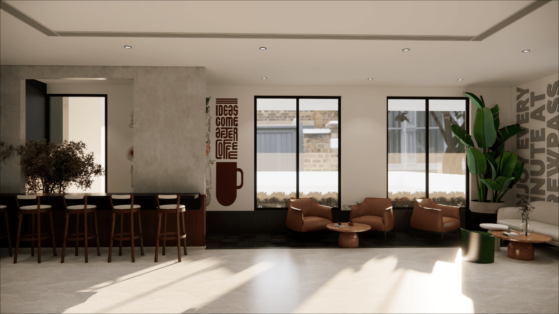 Brewpass cafe coworking interior with flex seating and coffee bar